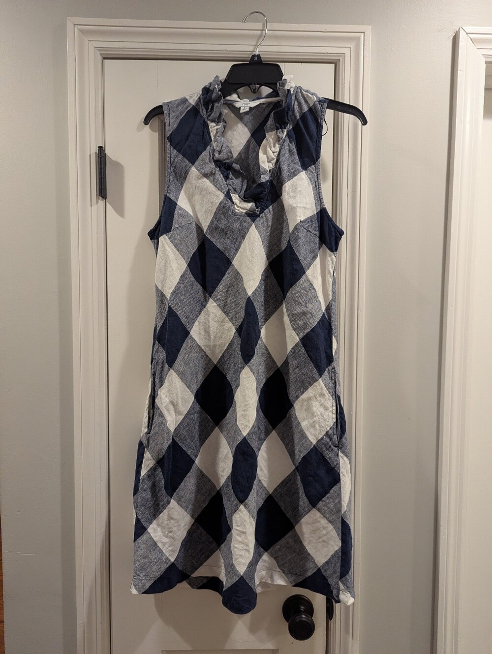 L Crown & Ivy Navy Blue & White Check Dress 100% Linen Bias Diamond